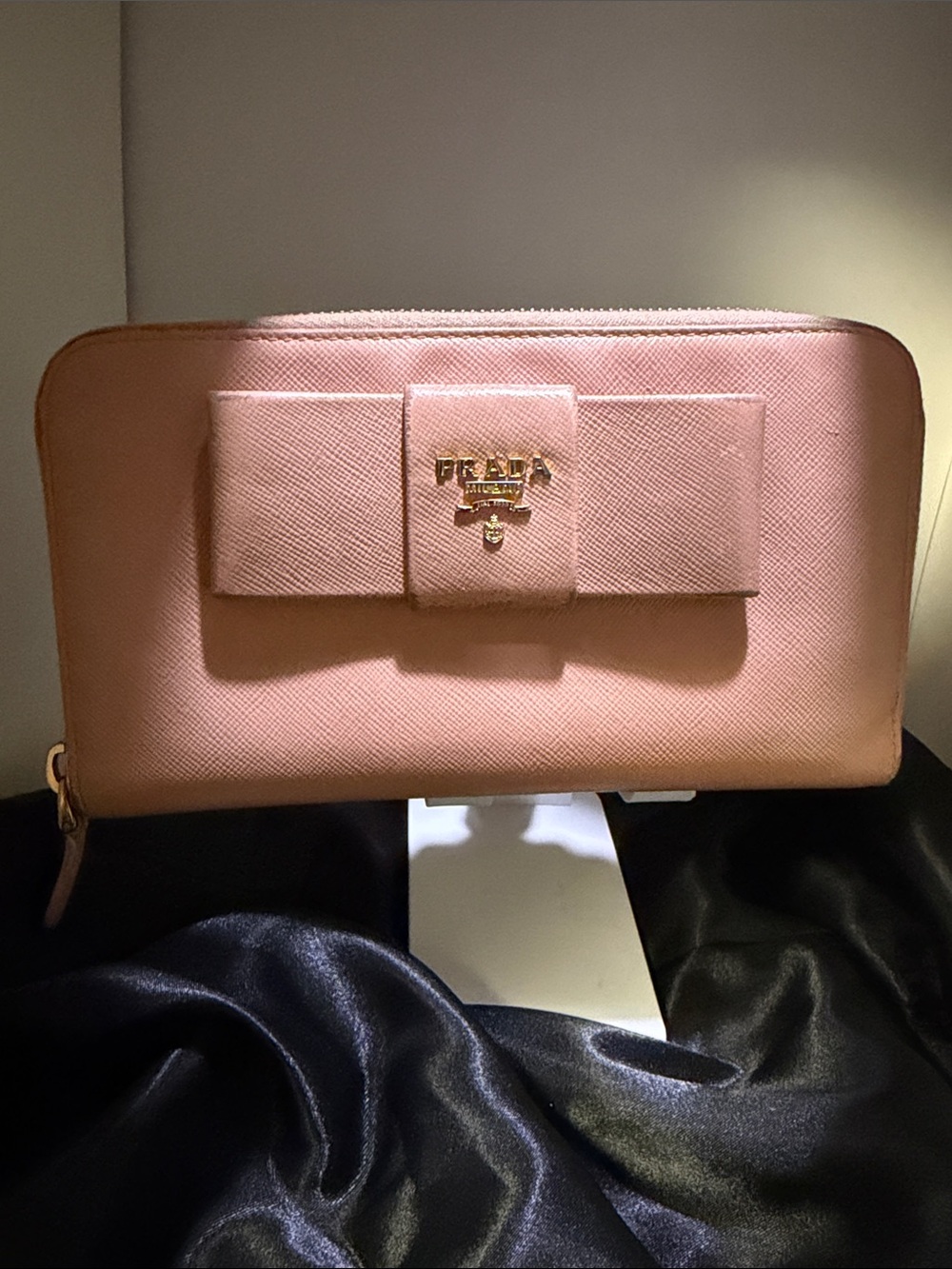 Prada Blush Pink Saffiano Bow Zip Wallet GUC
